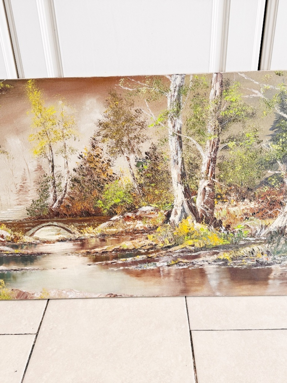 Vintage Signed Schumaker Landscape Oil Painting Canvas Birch River Bridge 36"x18